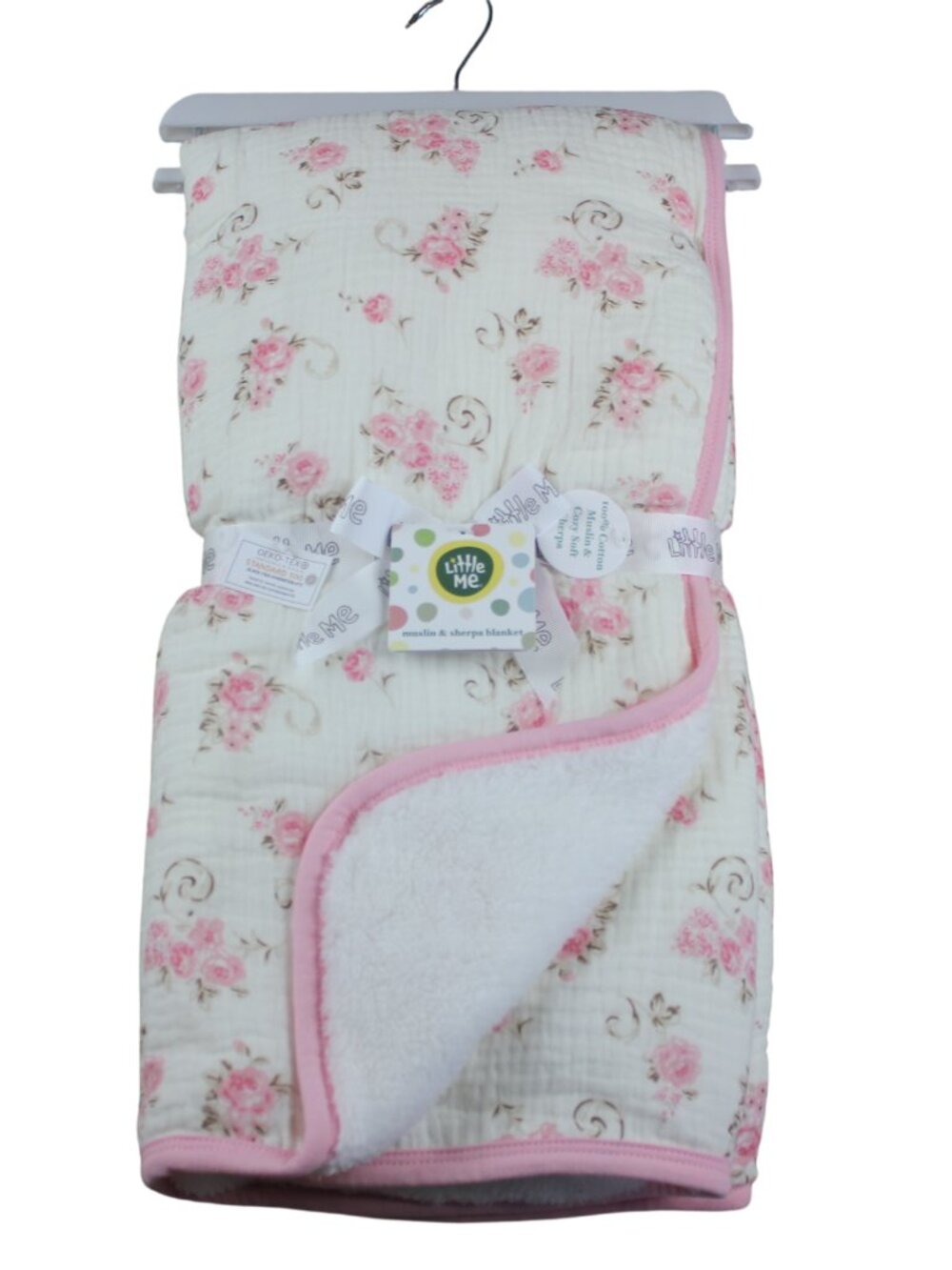Little Me Baby Blanket Pink Rose White Floral Infant Girl Muslin Sherpa NWT RARE